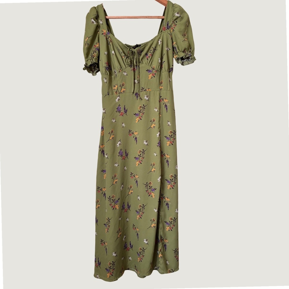 Hesperus Green Floral Cottagecore Midi Dress Puff Sleeve Smocked Back  M Garden